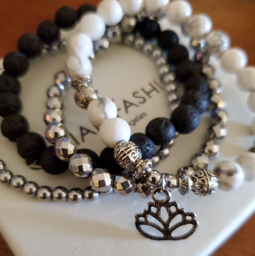 Howlite And Lava Stone Bala Bead Bracelet Set
